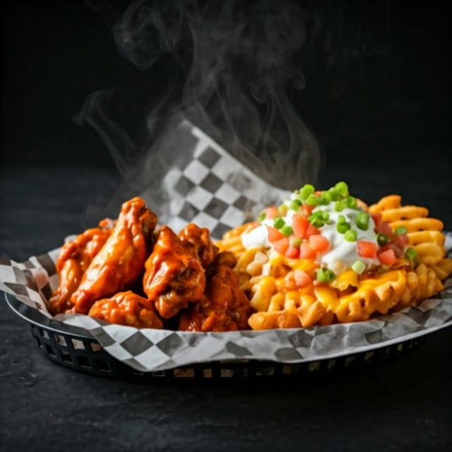 Wing Basket with Loaded Waffle Fries.