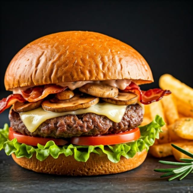 MUSHROOM, BACON AND SWISS BURGER.