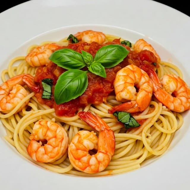 Garlic Shrimp in Tomato Sauce with Angel Hair.