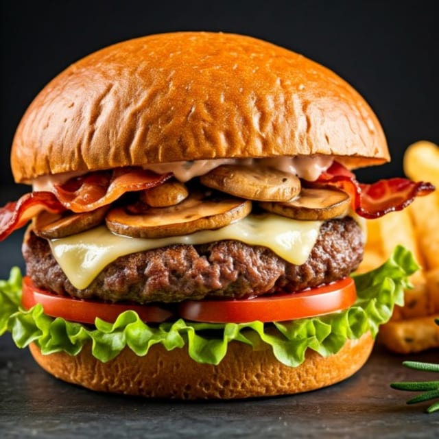 Mushroom, Bacon, Swiss Burger.