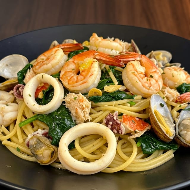 Aglio e Olio Frutti di Mare (Seafood in garlic and olive oil).