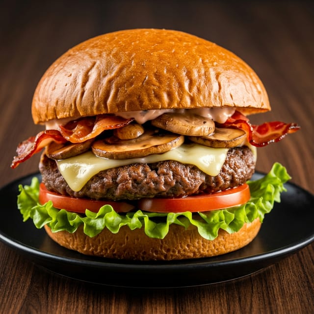 Mushroom, Bacon, Swiss Burger.