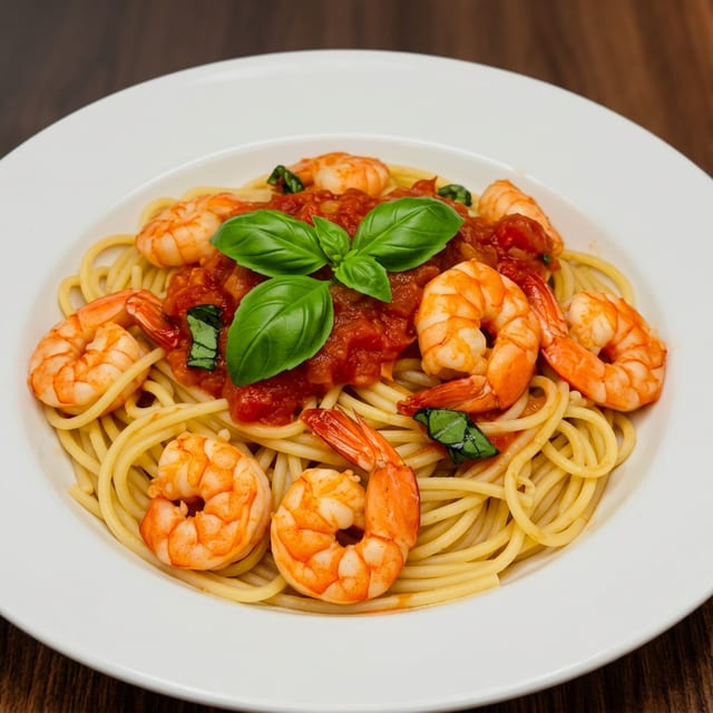 Garlic Shrimp in Tomato Sauce with Angel Hair.