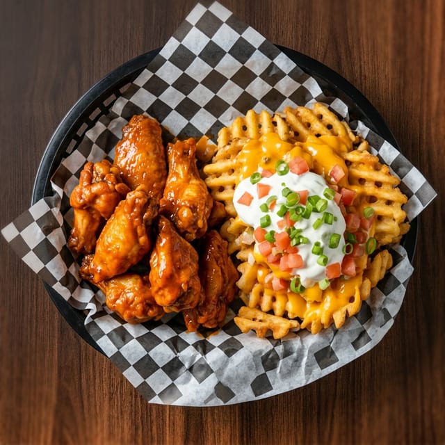 Wing Basket with Loaded Waffle Fries.
