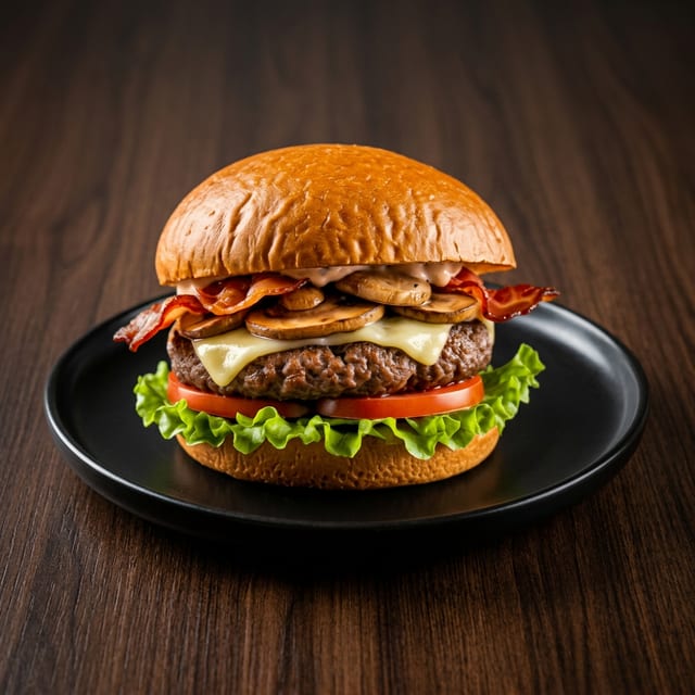 MUSHROOM, BACON AND SWISS BURGER.