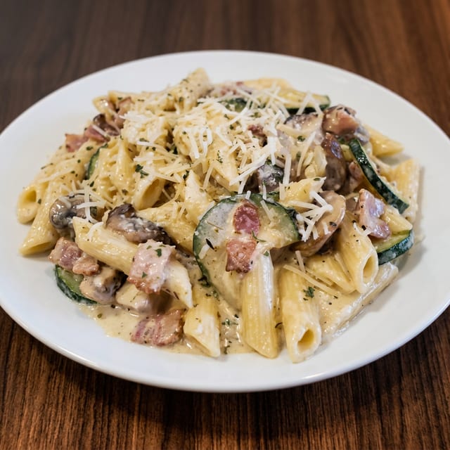 CHICKEN AND SAUSAGE CARBONARA.