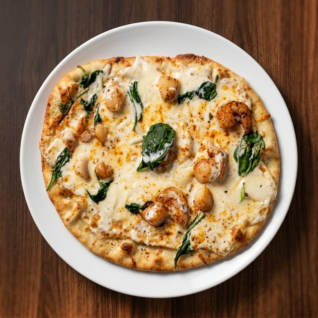 BLACKENED SEAFOOD ALFREDO PIZZA.