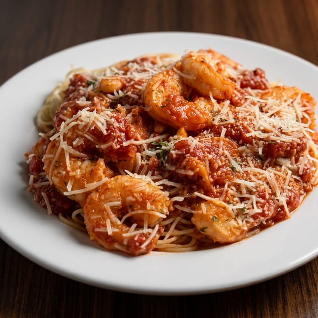 GARLIC SHIMP IN TOMATO SAUCE WITH ANGEL HAIR.