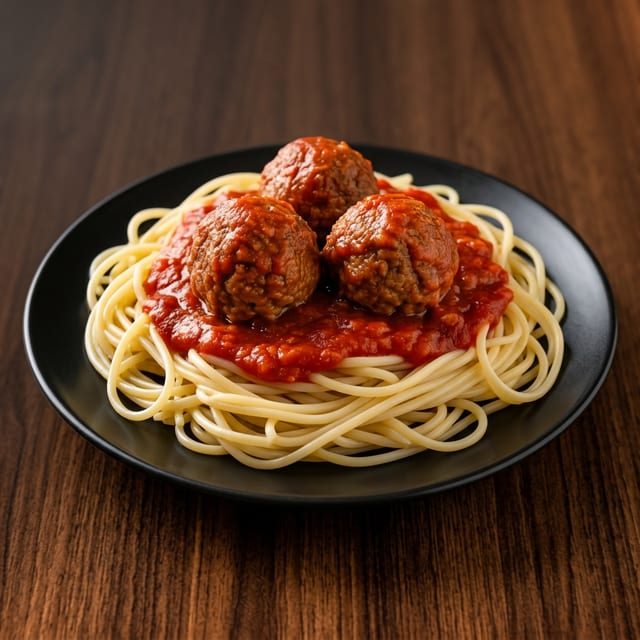 SPAGHETTI WITH MEATBALLS OR SAUSAGE.