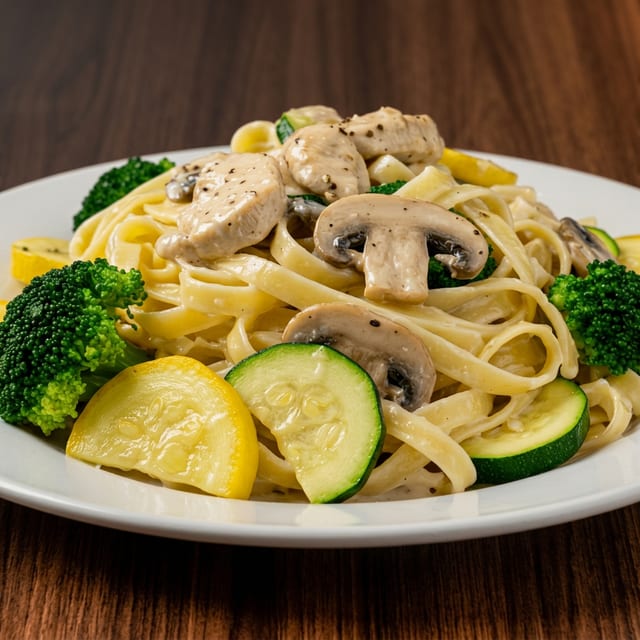 FETTUCINE PRIMAVERA WITH CHICKEN.