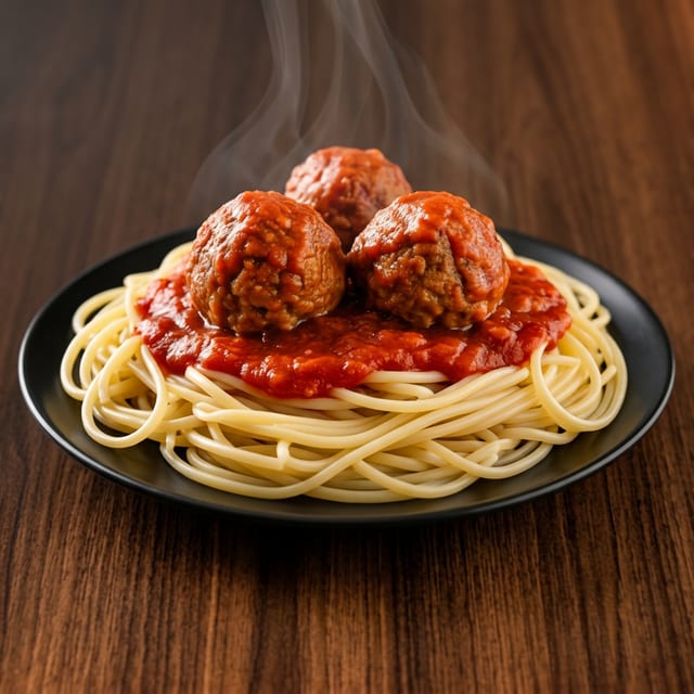SPAGHETTI WITH MEATBALLS OR SAUSAGE.